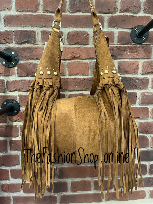 Jessie tan faux suede tassel bag