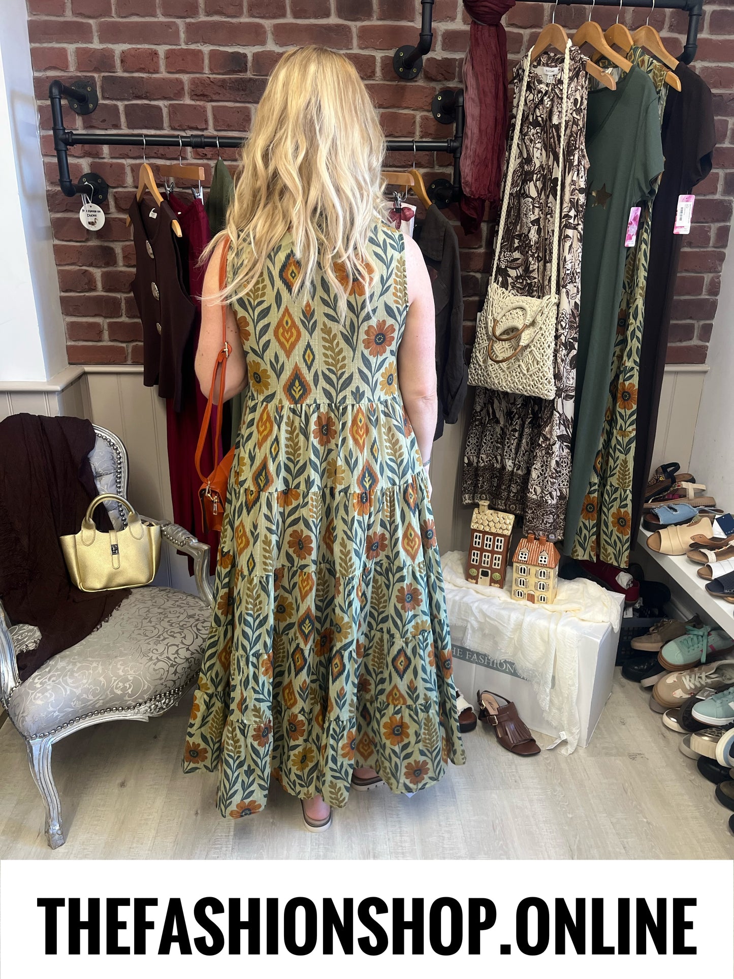 Reese khaki floral leaves tiered dress sizes 10, 12 and 14
