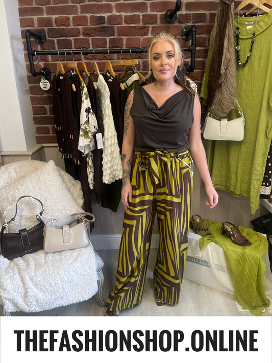 Ebony olive and brown wide leg trousers 10-16
