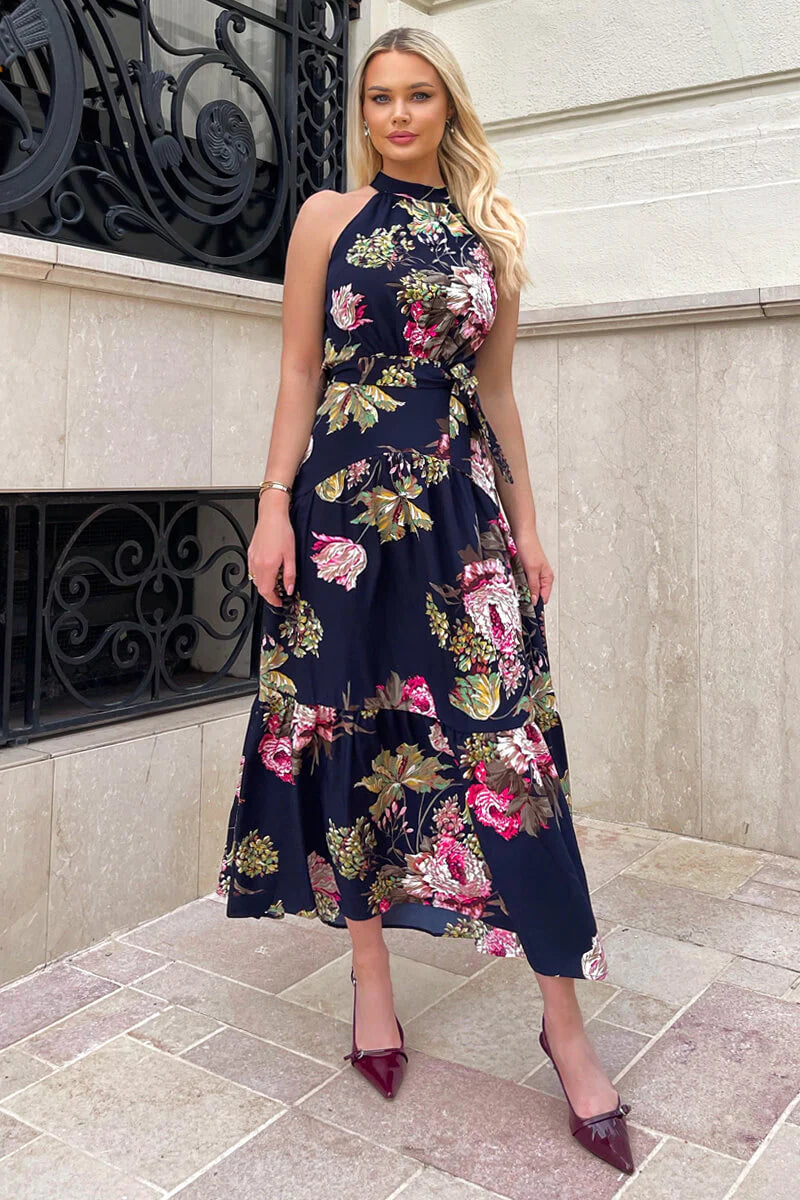 AX Paris navy floral printed tie belt midi dress sizes 8 16 The Fashion Shop