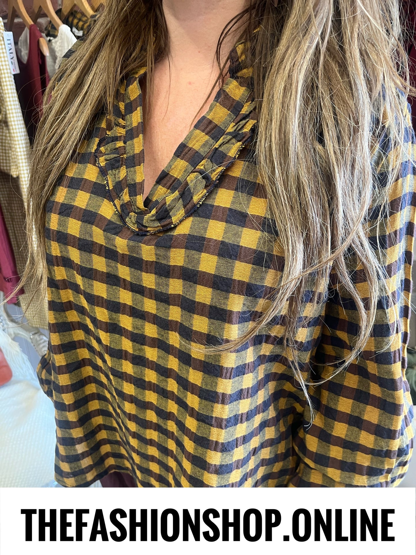 Abigail mustard and mulberry gingham blouse 12-18