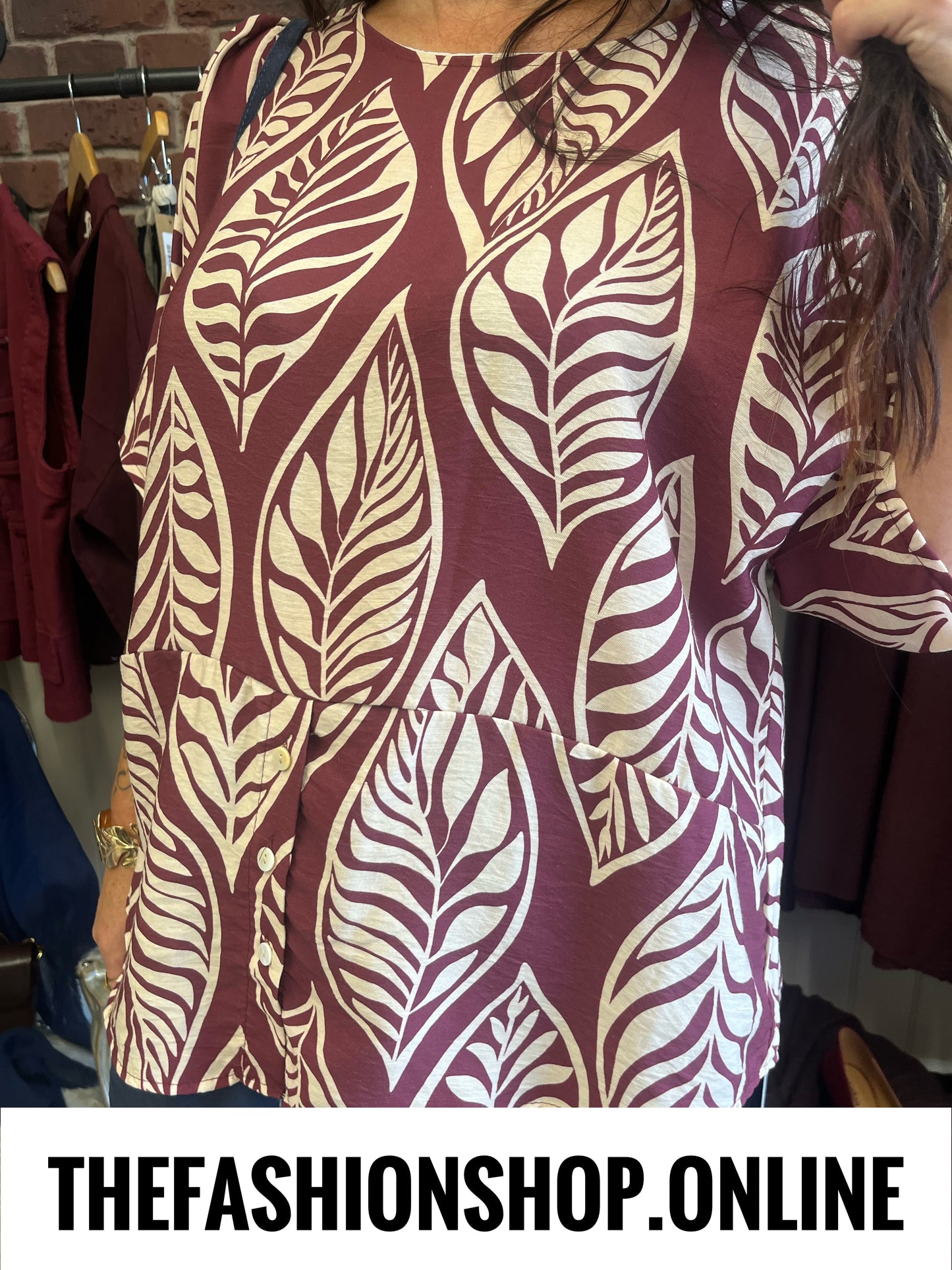 Nancy wine leaf print button top 14-20