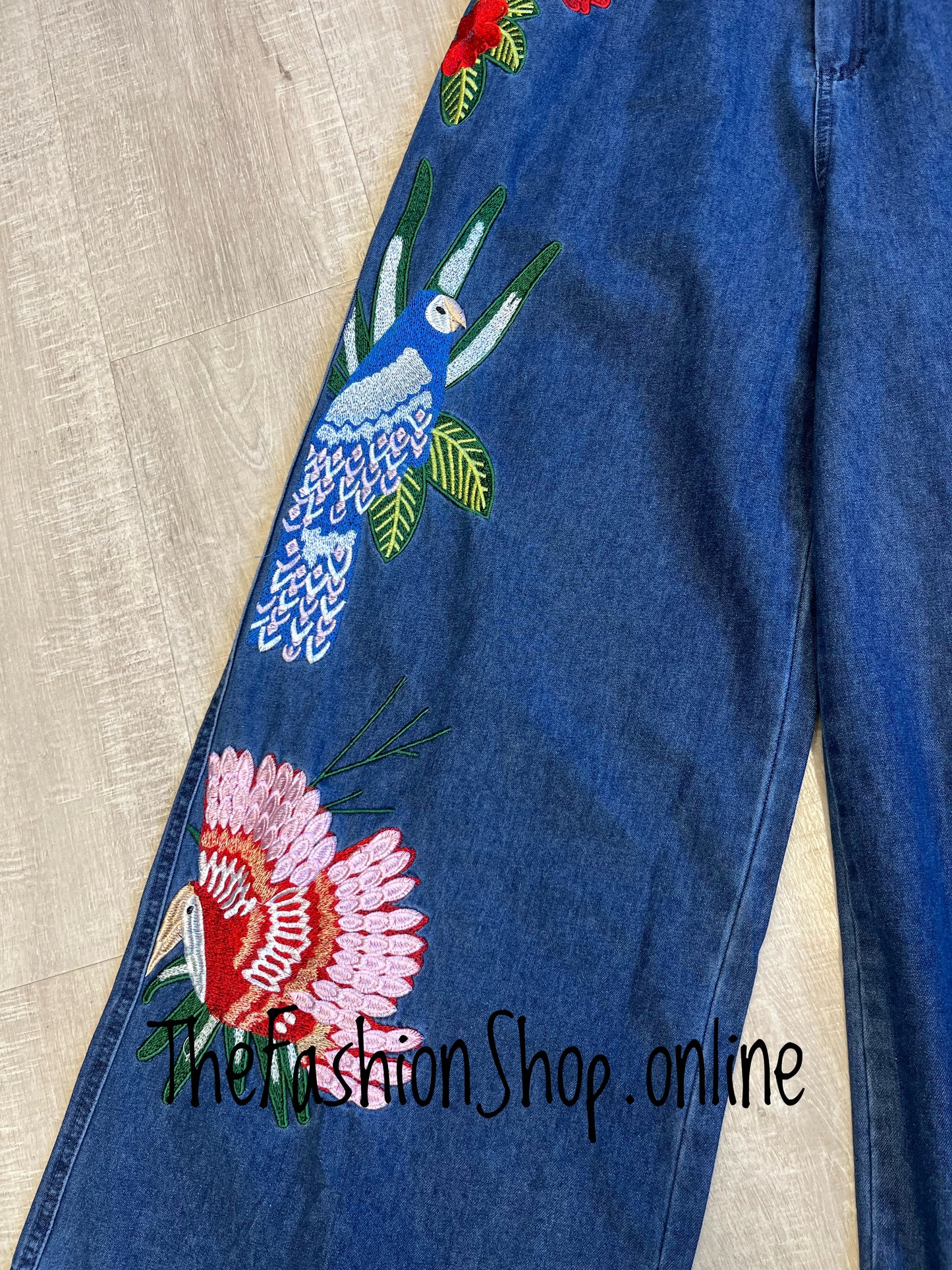 Fly Out birds of paradise wide leg jeans 8-14