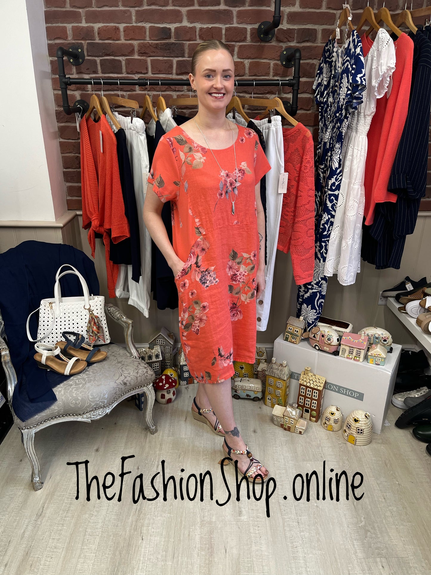 Helena coral linen floral dress 12-16