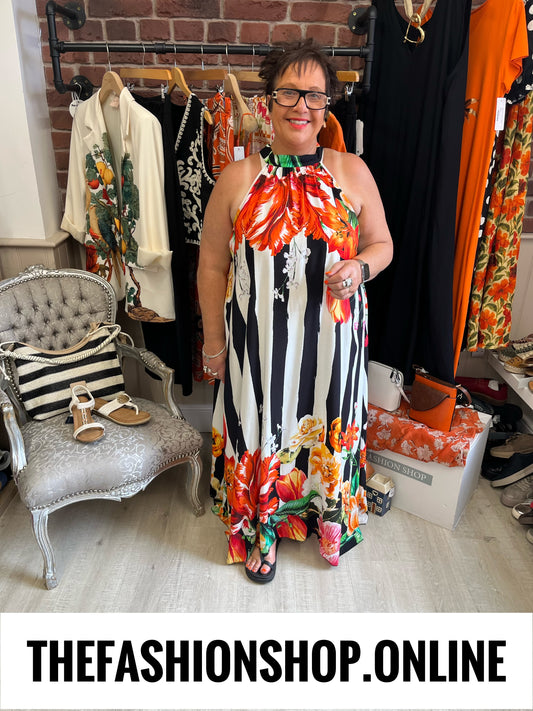 Deena black striped floral dress 12-20