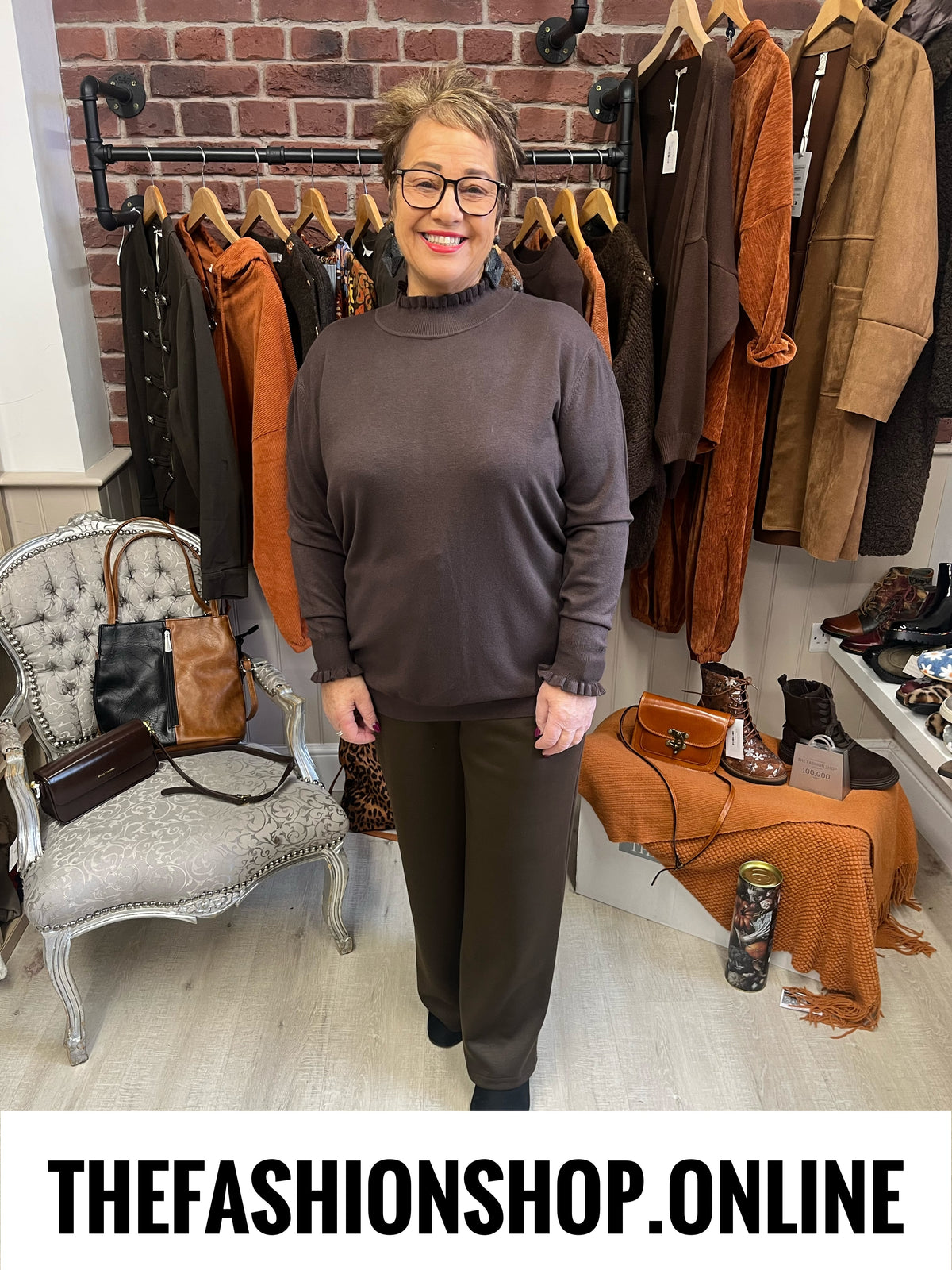 Monroe brown frill neck fine knit jumper sizes 8-14 and 16-22