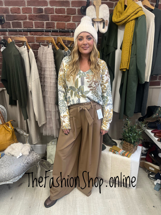 Hallie khaki leaves V neck wool mix jumper 8-14