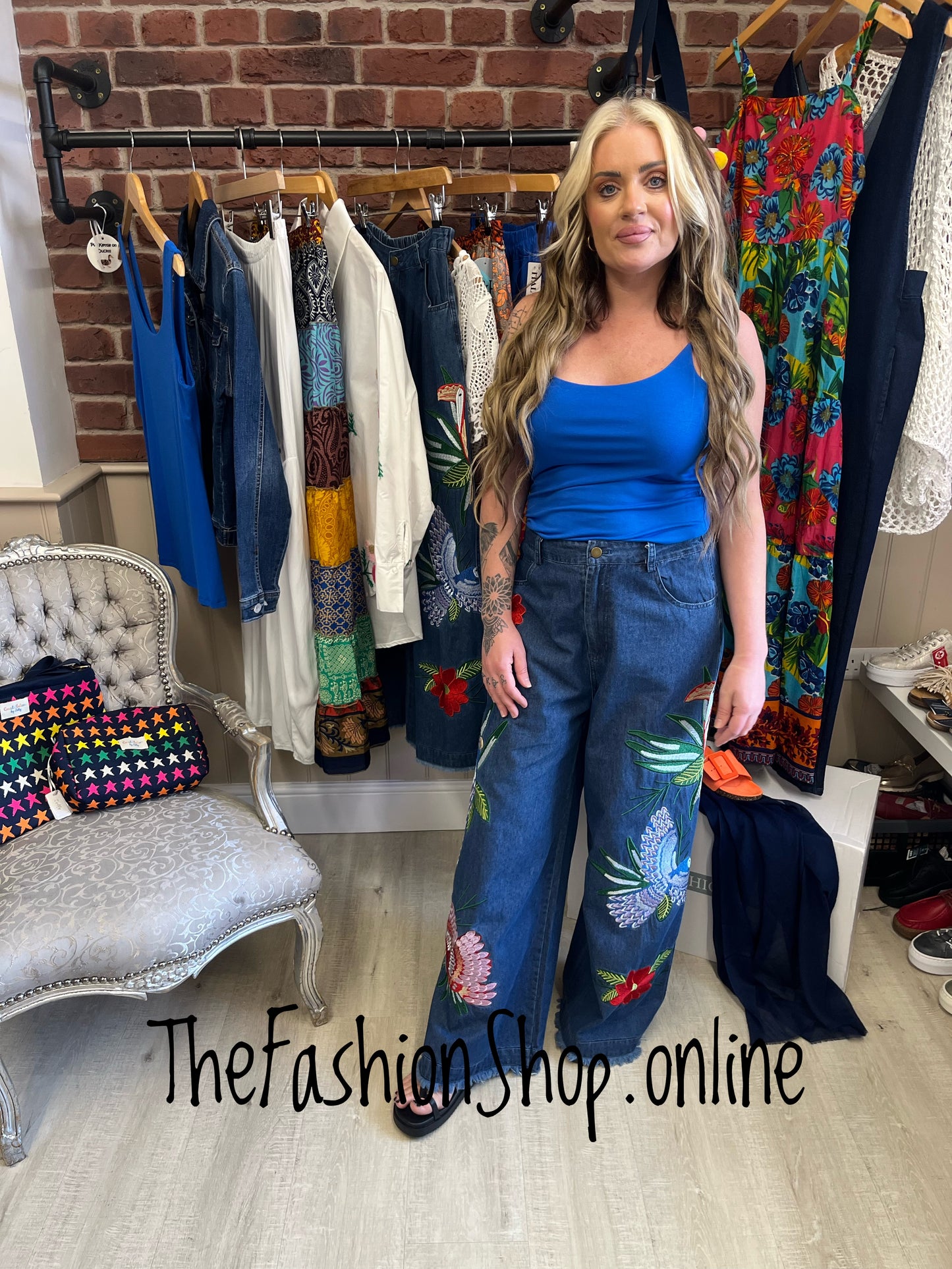 Fly Out birds of paradise wide leg jeans 8-14