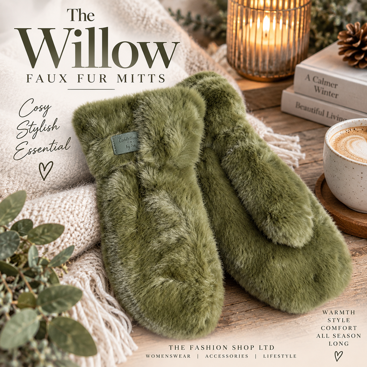 The Willow Faux Fur Mitts in Moss Green