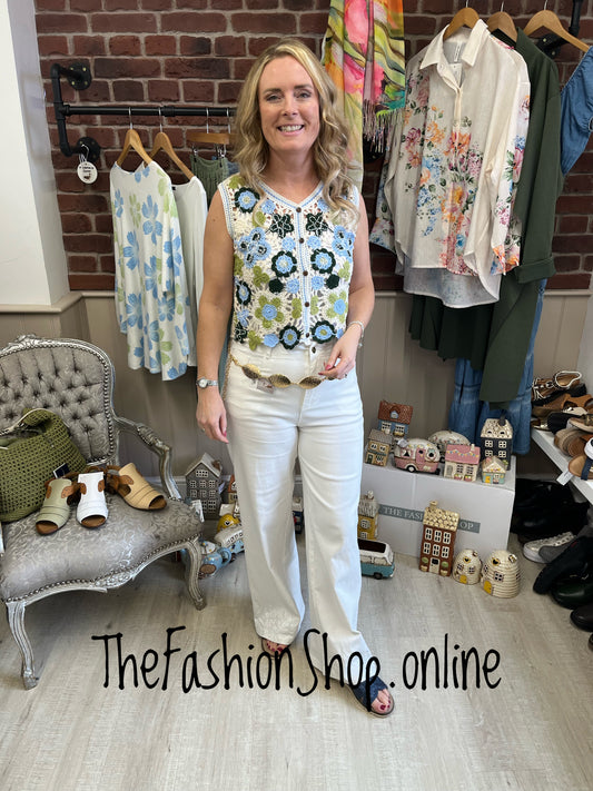 Margot blue and green crochet embellished waistcoat 8-12