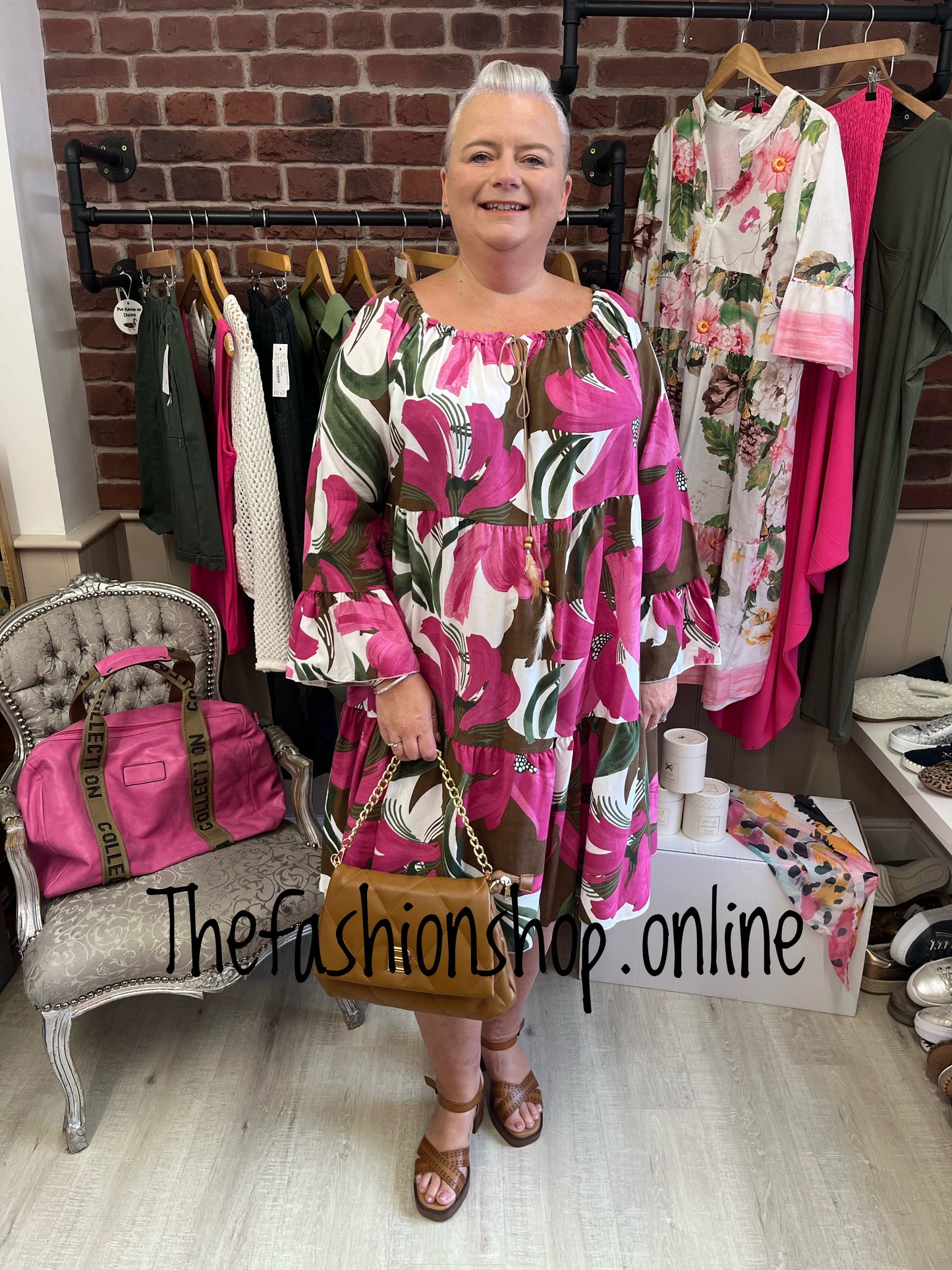 Magenta and brown tiered bardot dress 16-22