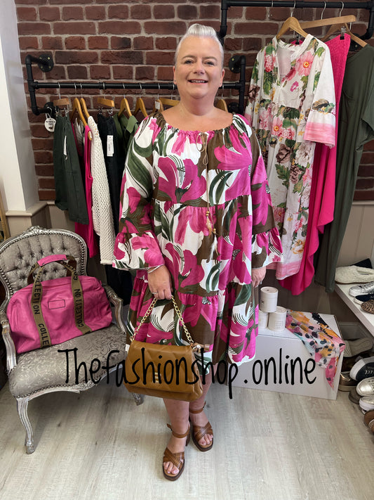 Magenta and brown tiered bardot dress 16-22