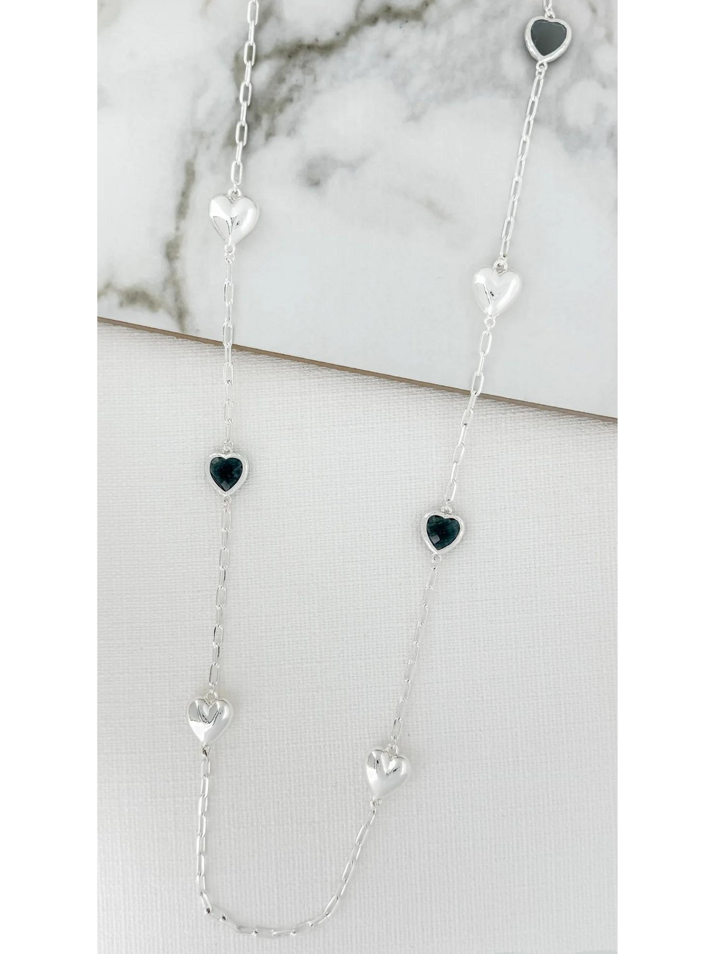 Envy silver and faceted grey glass hearts necklace