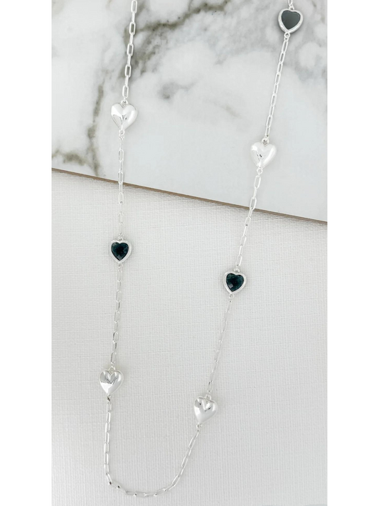 Envy silver and faceted grey glass hearts necklace