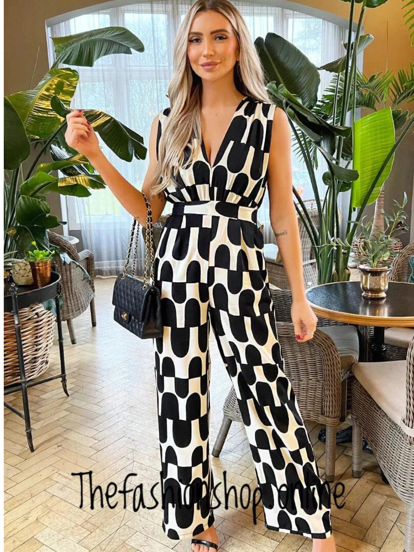 AX Paris Black and cream abstract print jumpsuit sizes 8-16
