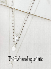 Envy silver and grey beaded layered necklace with heart pendants