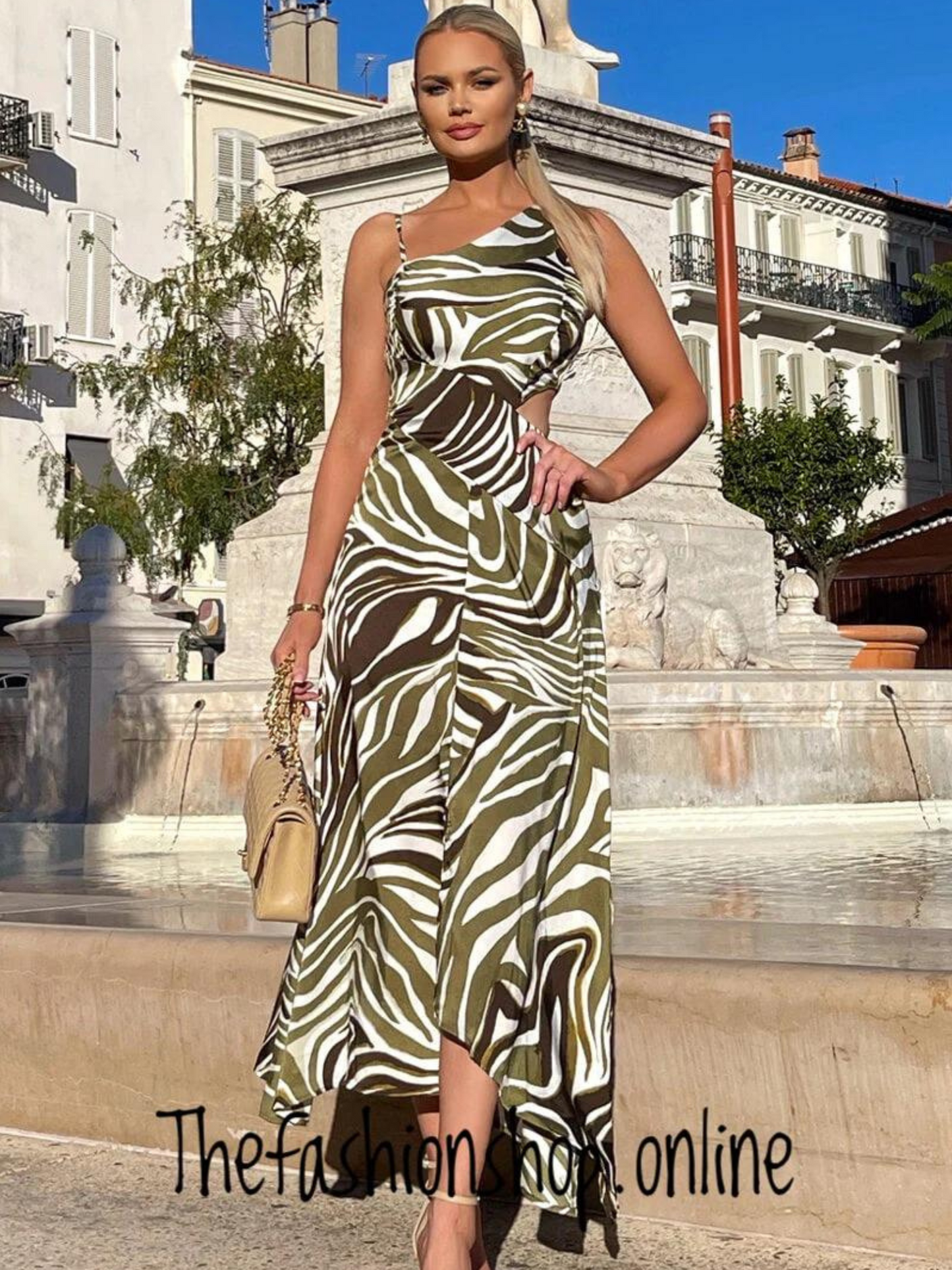 AX Paris Olive print asymmetric cut out dress sizes 8-16