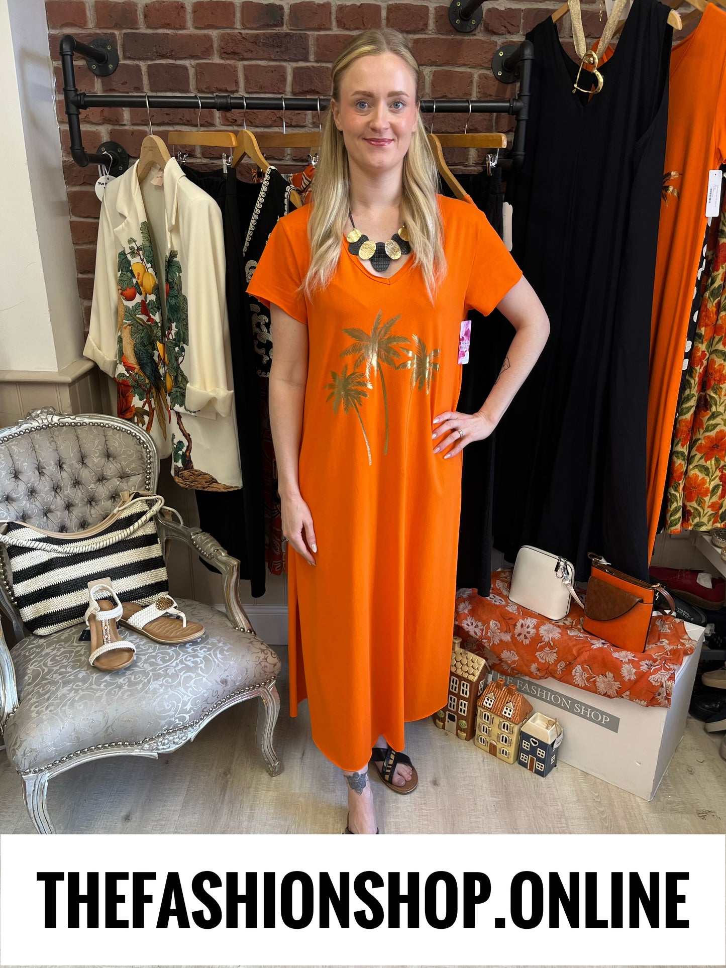 Eden orange palm tree dress 10-18