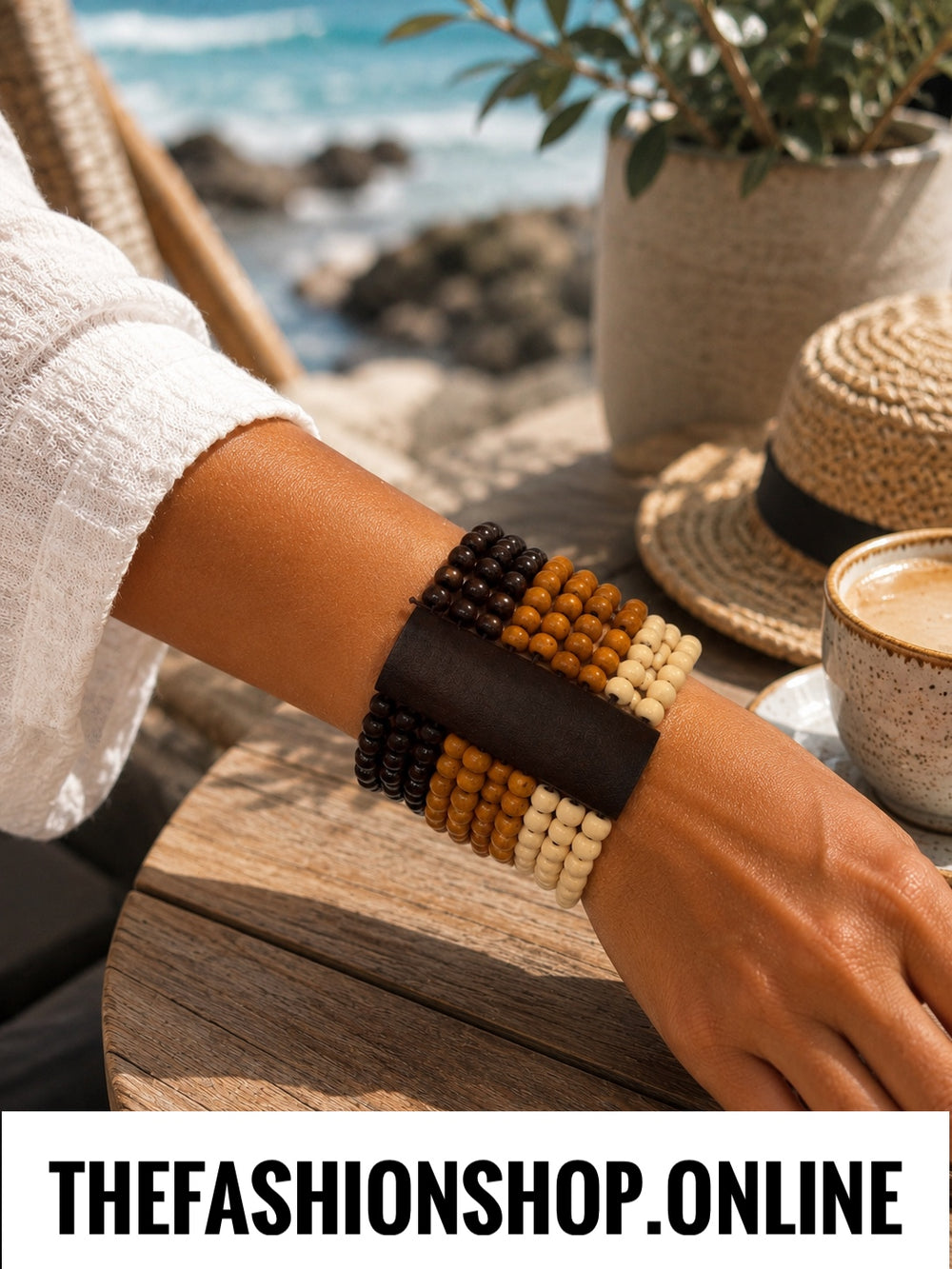 The Zanzibar Bracelet in Cream Brown and Tan Beads