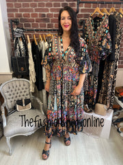 Opulent Clementine multi print tiered kimono dress sizes 8-10, 12-14 and 16-18