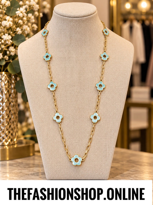 Envy long gold and pearl green clover necklace
