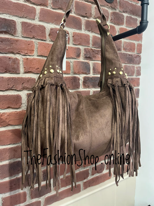 Jessie Coffee Brown faux suede tassel bag