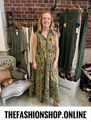 Reese khaki floral leaves tiered dress sizes 10, 12 and 14