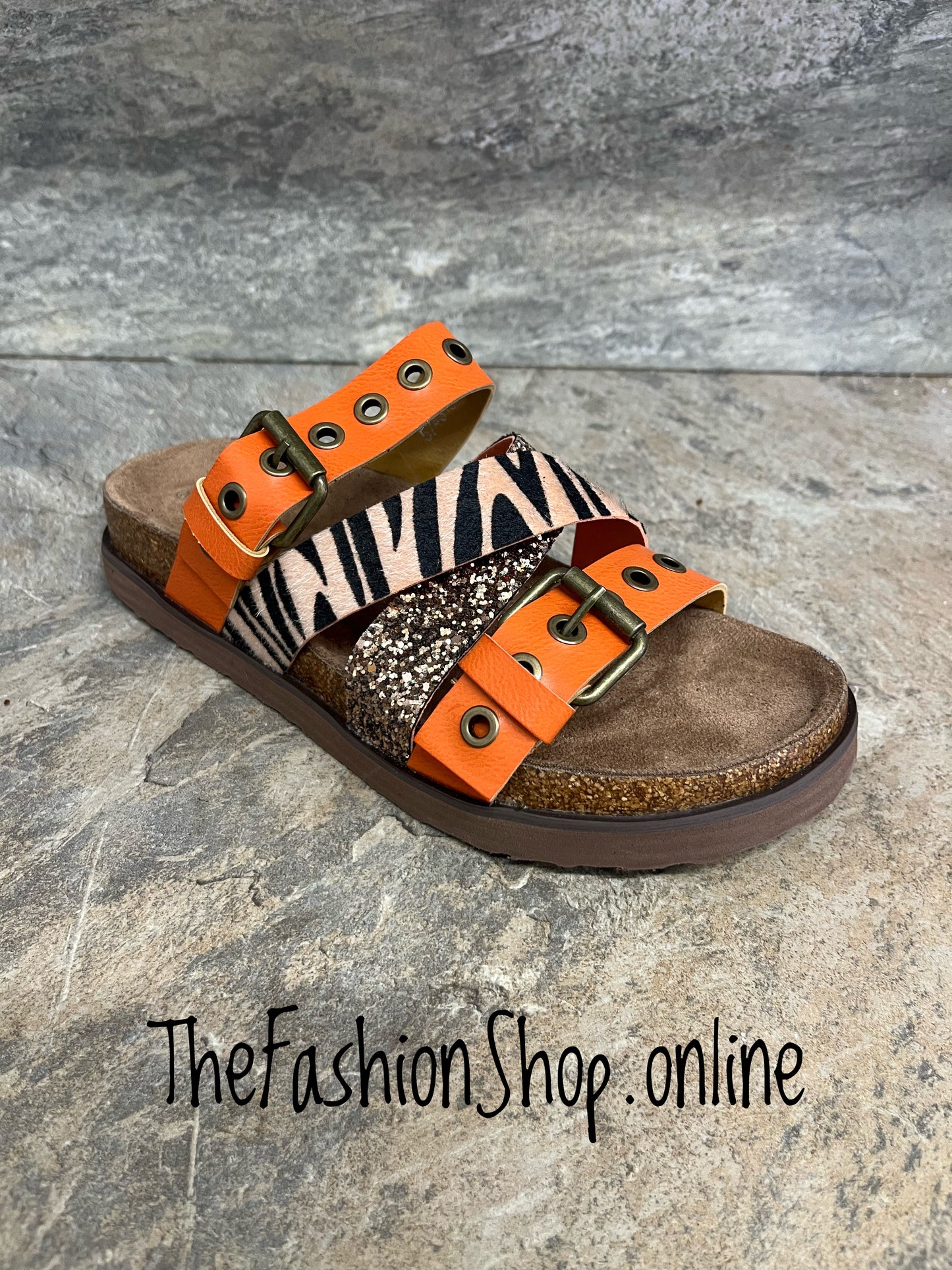Orla orange and zebra print sliders sizes 3-8 (36-41)