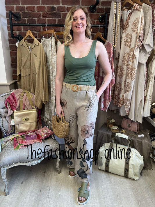 Anna beige linen mix floral trousers with belt 8-14