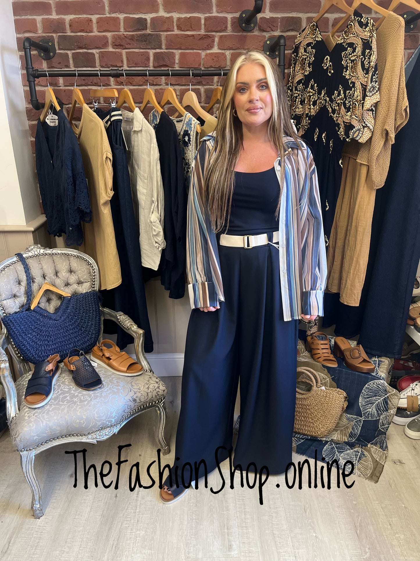 Madelaine navy wide leg trousers with belt 8-14