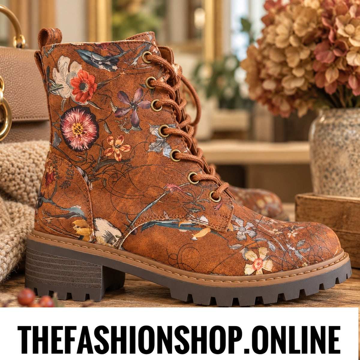 Harmony tan floral boots sizes 4-8 (37-41)