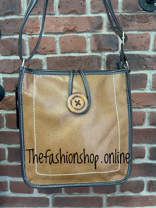 Lexi Shoulder Bag With Button and Stitch Detail in Tan