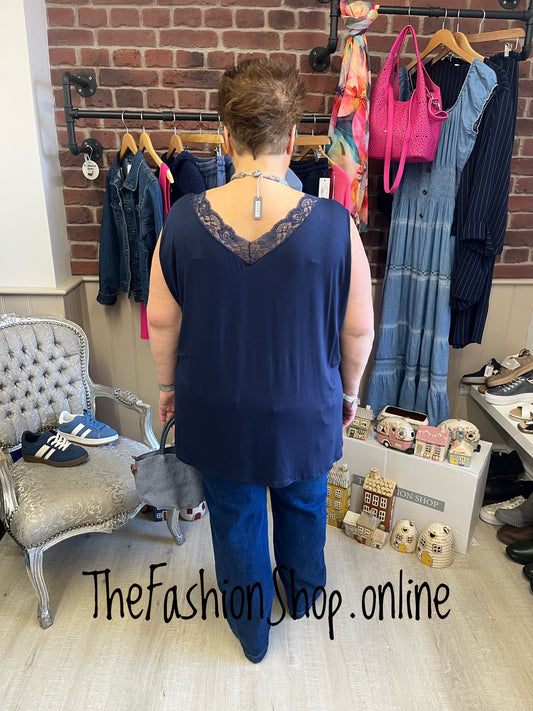 Annette navy lace trim sleeveless top 16-22