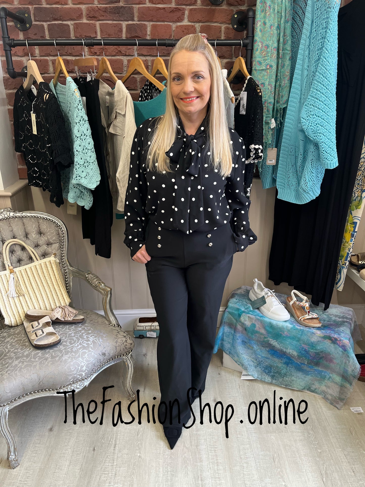 Natalie black and white spot tie neck blouse 10-14