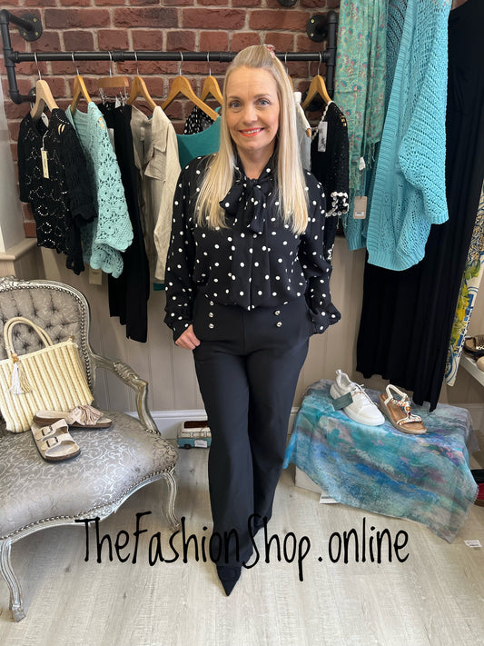 Natalie black and white spot tie neck blouse 10-14