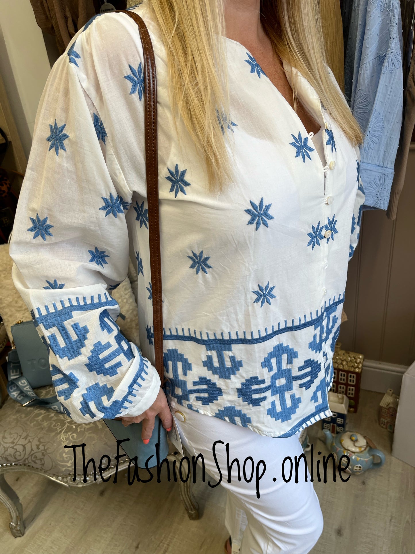 Bella blue and white embroidered blouse 10-12