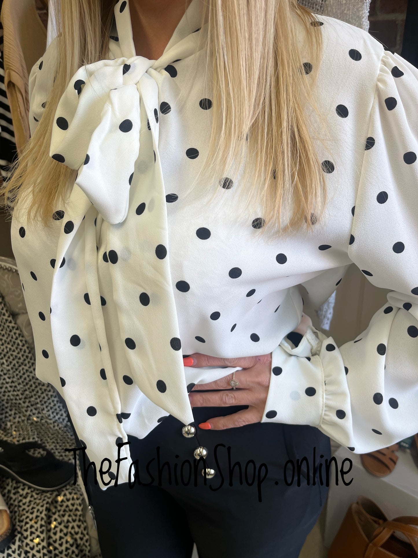Natalie white and black spot tie neck blouse 10-14