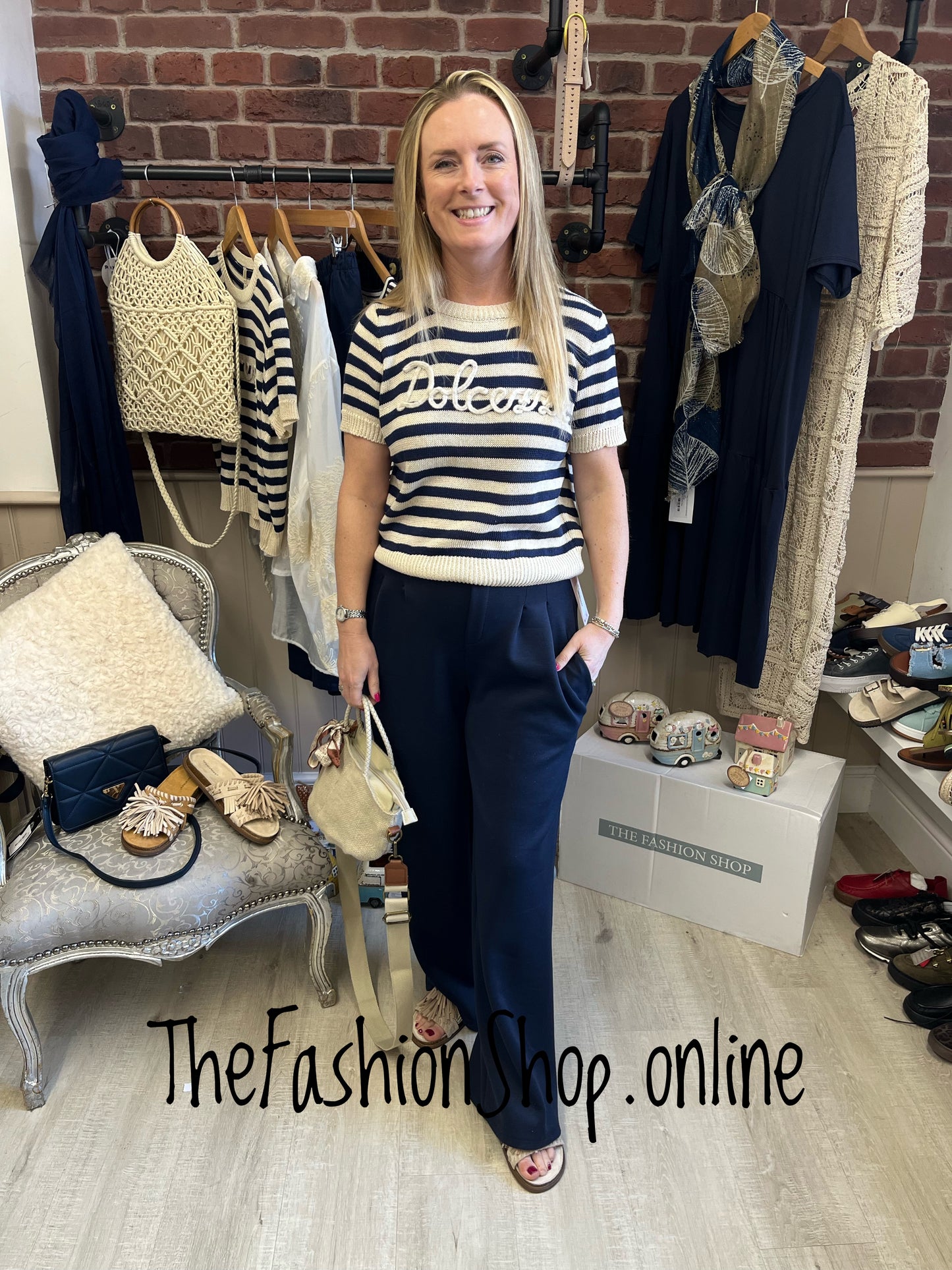 Anya navy and beige striped knitted top 8-14