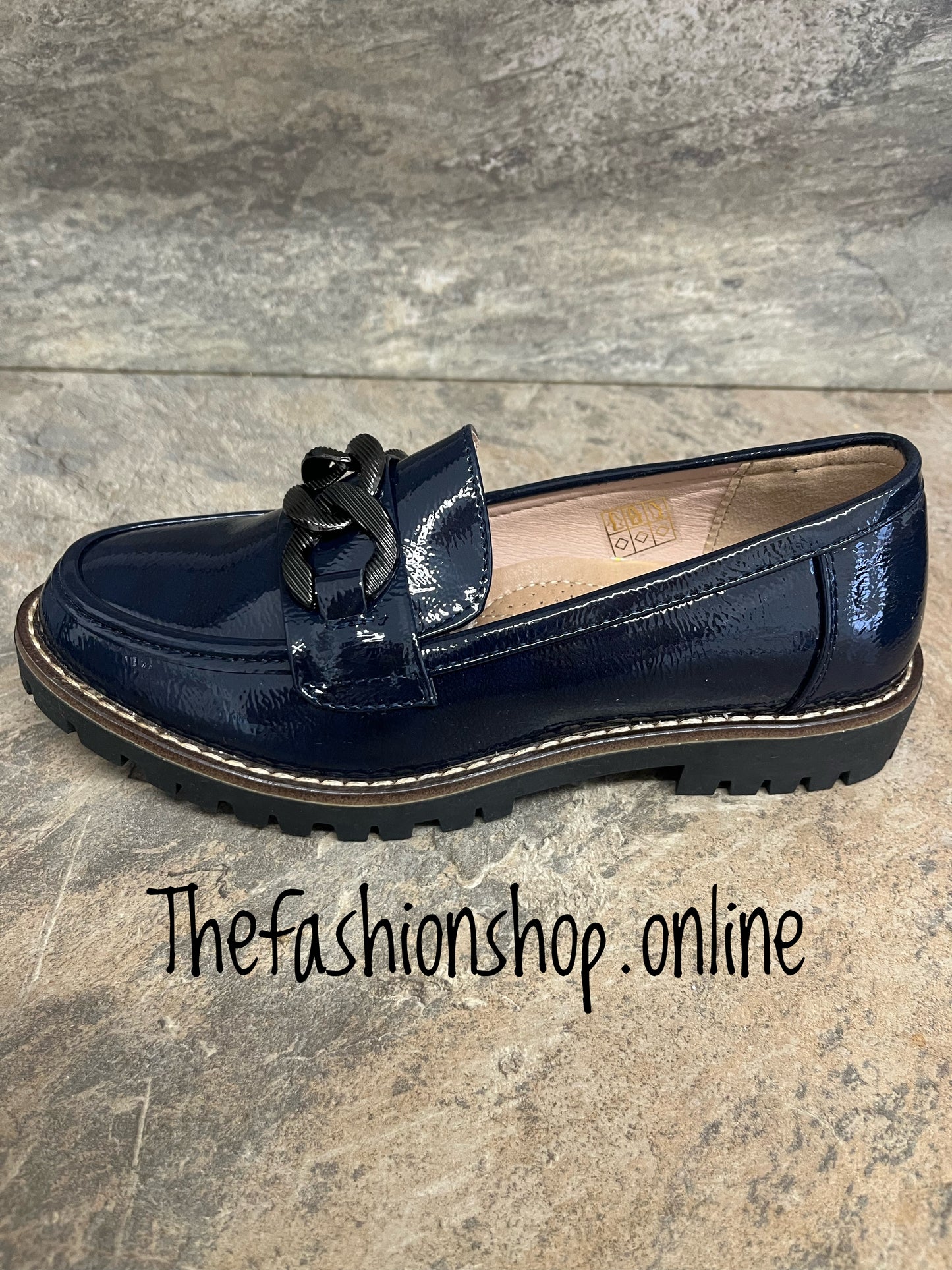 Adeline navy patent chain loafer sizes 4-8