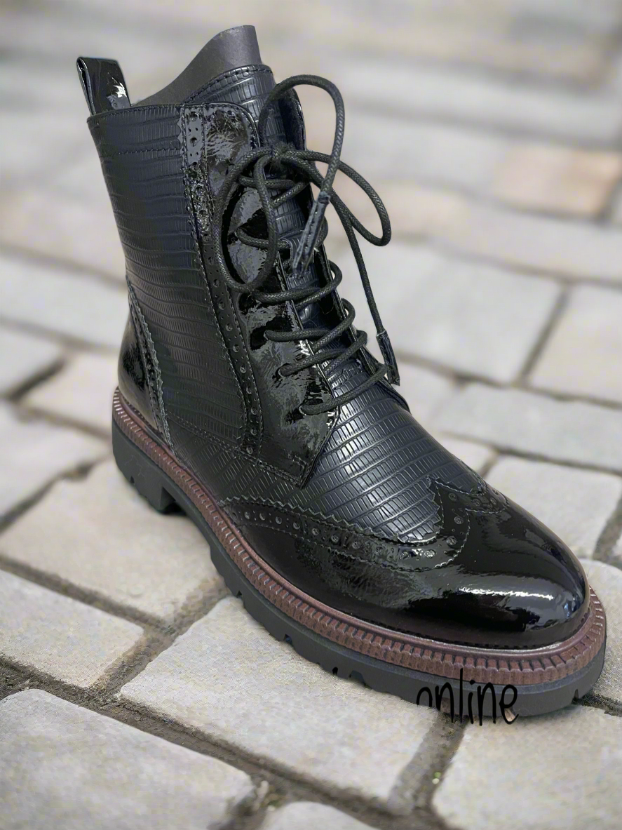 Marco Tozzi black ankle boot with patent brogue detail sizes 4-9