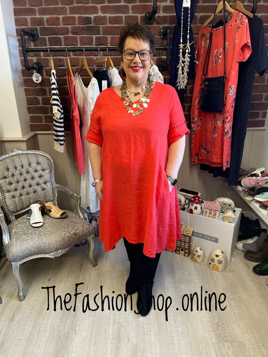 Selena coral V neck linen dress 14-20