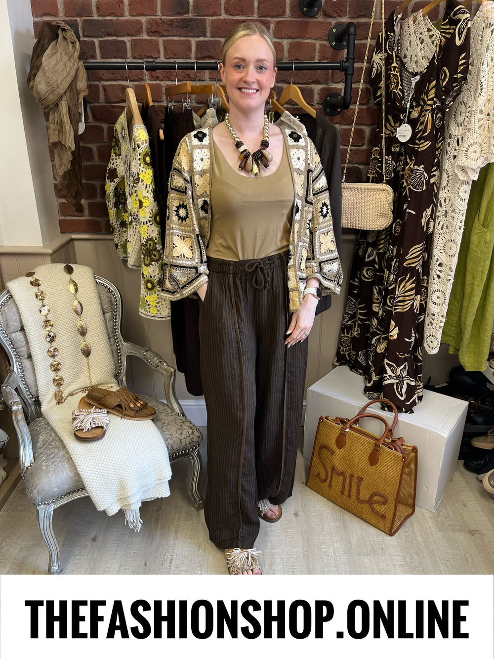 Veronica brown linen striped trousers 10-14