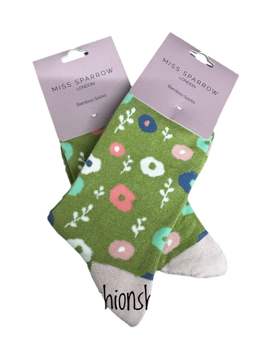 Miss Sparrow Green Floral Pattern Bamboo socks 3-7