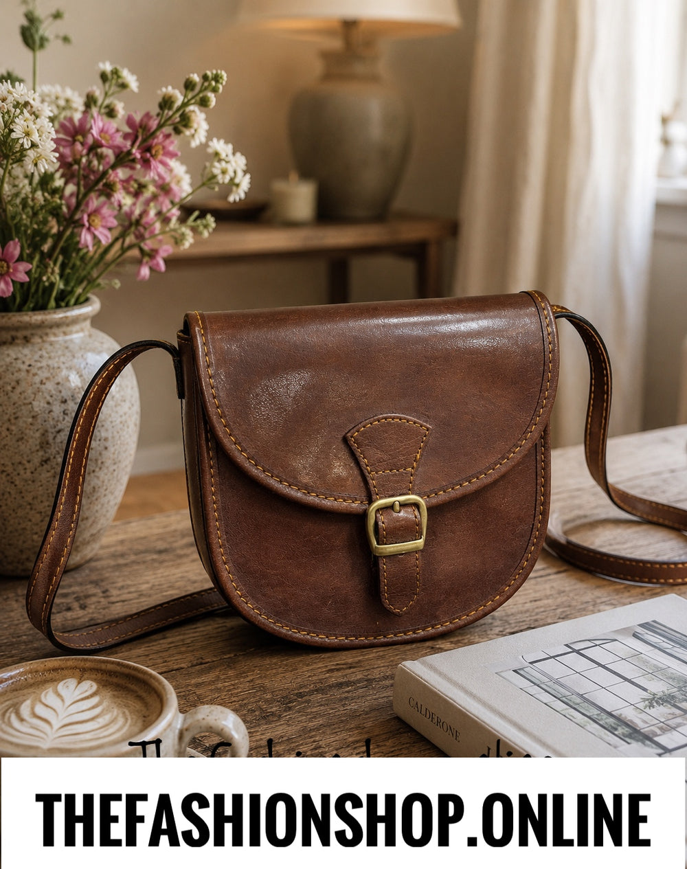 Vintage-Style Italian Leather Saddle Crossbody Bag in Brown