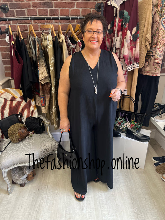 Paris black v neck jumpsuit with back detail 16-20