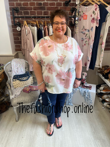 Mandy pale pink linen mix roses top 16-22