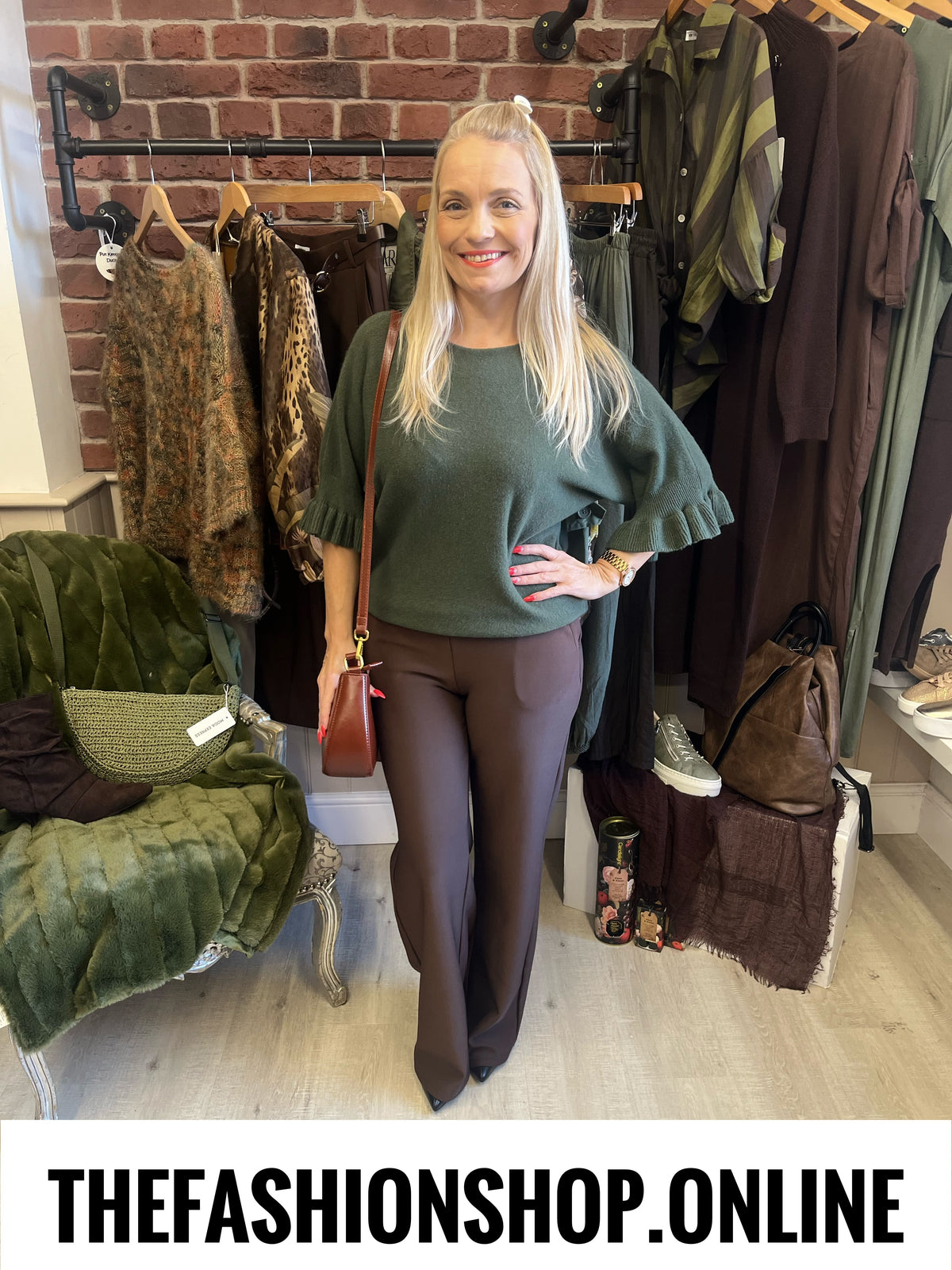 Tess khaki jumper with frill sleeve 8-14