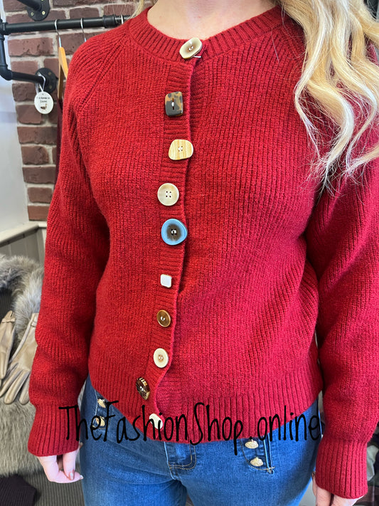 Wonky button cardigan in red 8-14