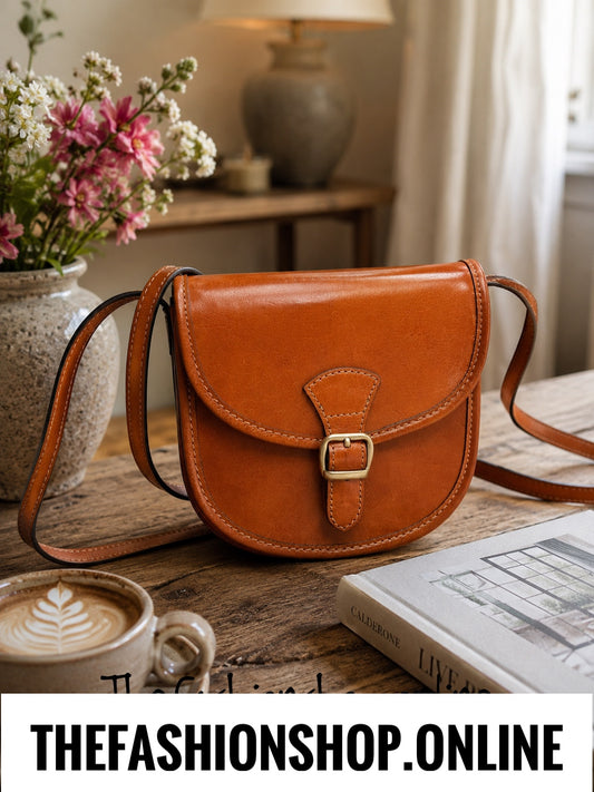 Vintage-Style Italian Leather Saddle Crossbody Bag in Tan