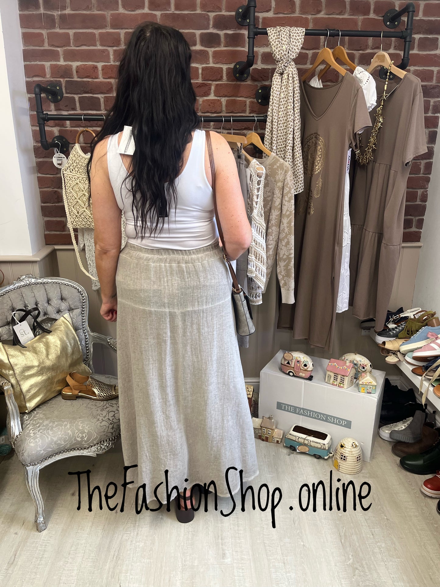 Hayley mocha linen mix enzyme wash maxi skirt 10-16